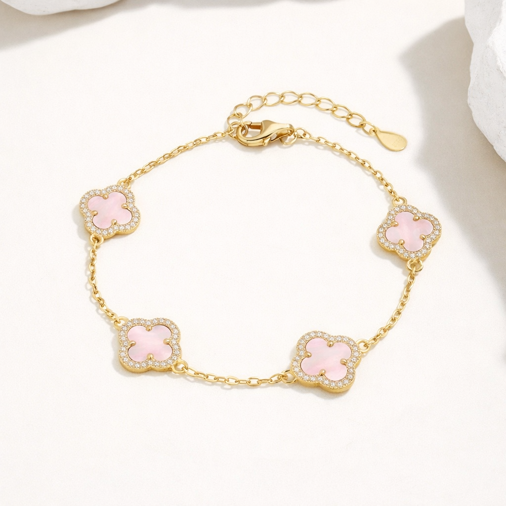 Atèlier 14k Gold Pink Jade Clover Bracelet