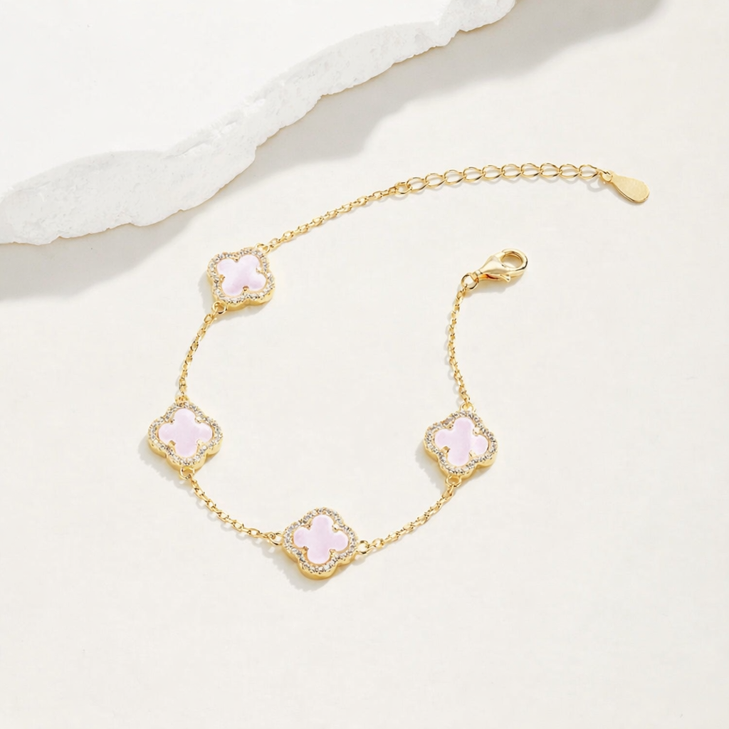 Atèlier 14k Gold Pink Jade Clover Bracelet